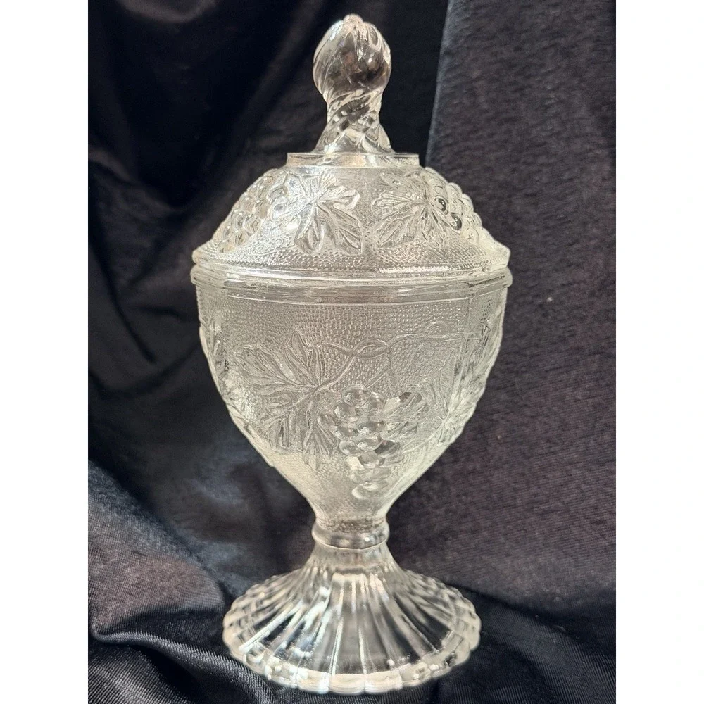 EAPG Clear SANDWICH Glass Lidded Compote On Pedestal‎ w/Grape Design (2611)